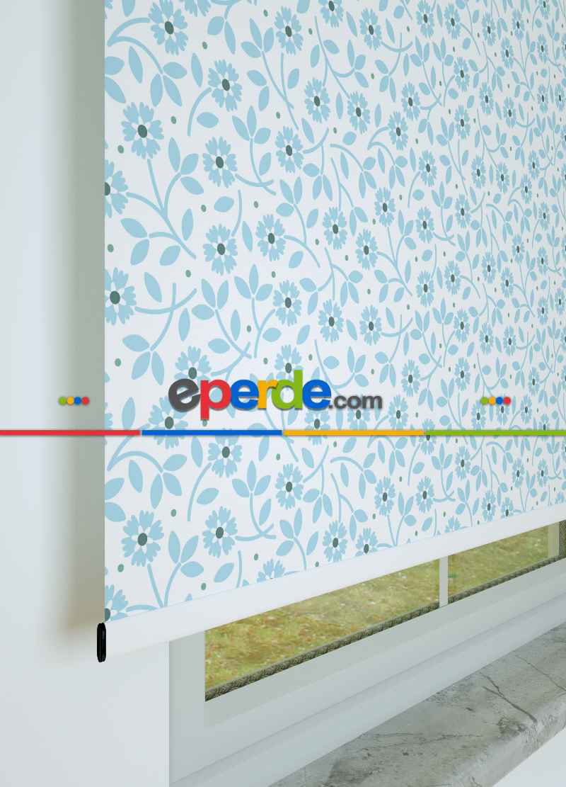 Mavi Çiçek Desenli Baskılı Stor Perde