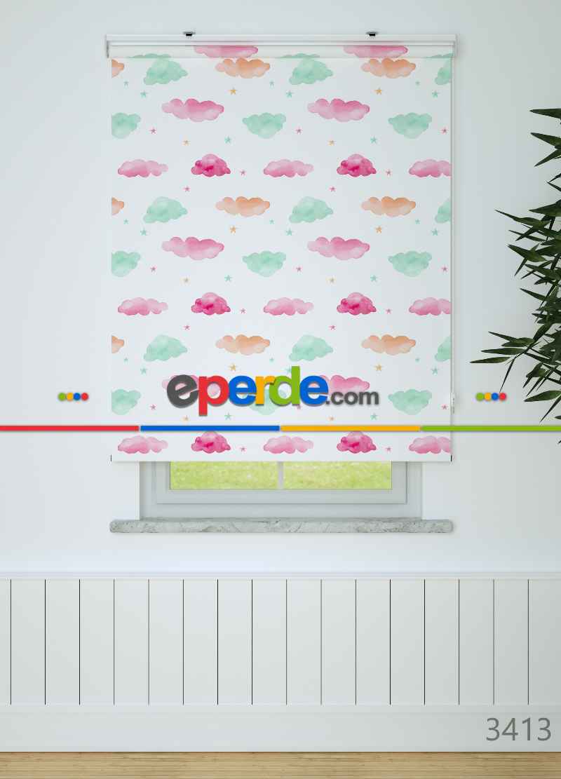 Sulu Boyalı Bulut Desenli Baskılı Stor Perde