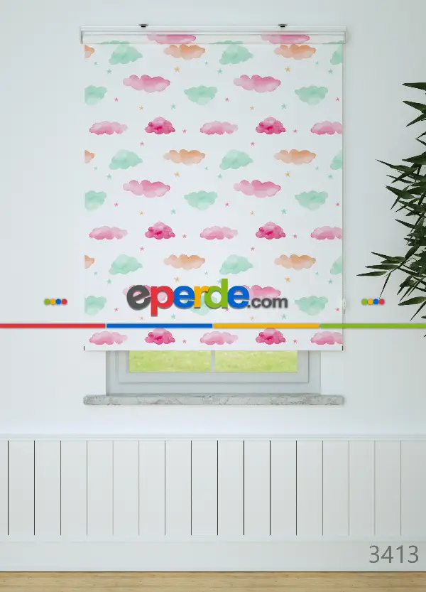 Sulu Boyalı Bulut Desenli Baskılı Stor Perde
