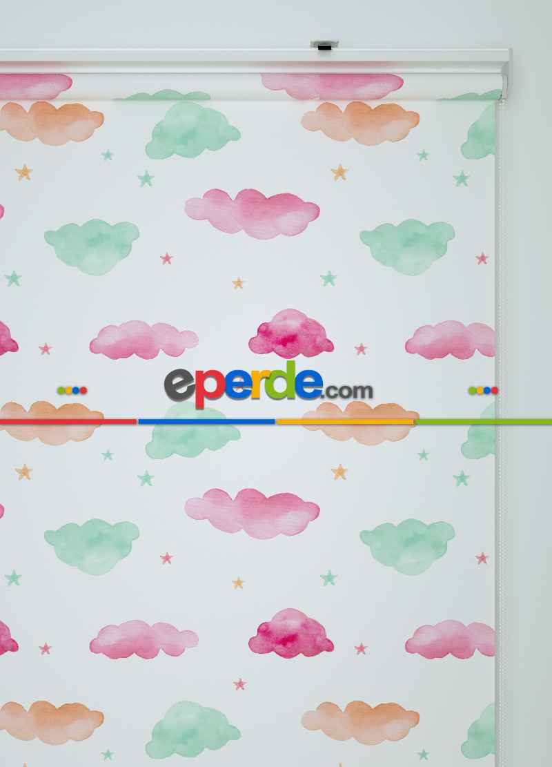 Sulu Boyalı Bulut Desenli Baskılı Stor Perde