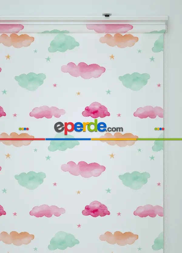 Sulu Boyalı Bulut Desenli Baskılı Stor Perde