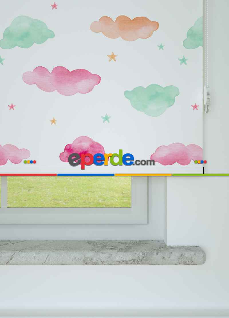 Sulu Boyalı Bulut Desenli Baskılı Stor Perde