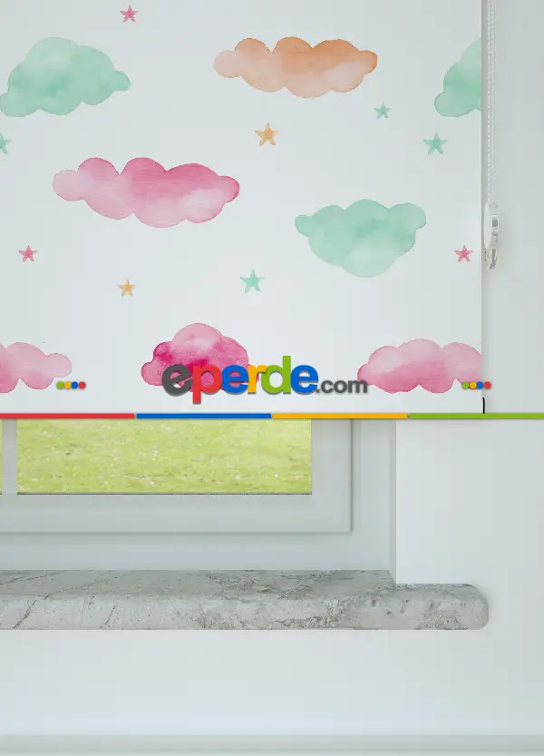 Sulu Boyalı Bulut Desenli Baskılı Stor Perde