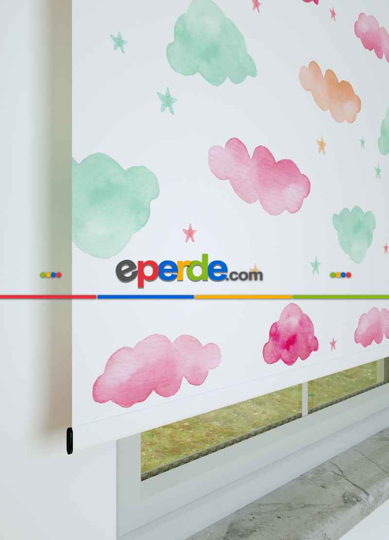 Sulu Boyalı Bulut Desenli Baskılı Stor Perde