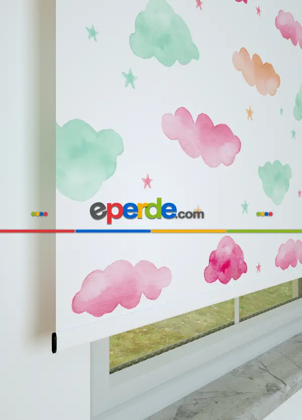 Sulu Boyalı Bulut Desenli Baskılı Stor Perde