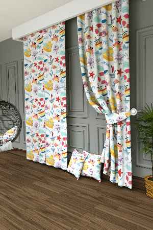 Dökümlü Kumaştan Çocuk Odası - Geniş En Denizci Desen Fon Perde 1. Kalite