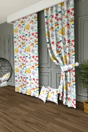 Dökümlü Kumaştan Çocuk Odası - Geniş En Denizci Desen Fon Perde 1. Kalite