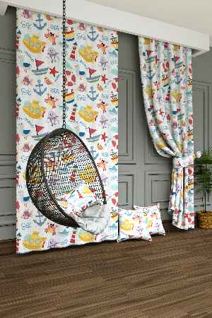 Dökümlü Kumaştan Çocuk Odası - Geniş En Denizci Desen Fon Perde 1. Kalite