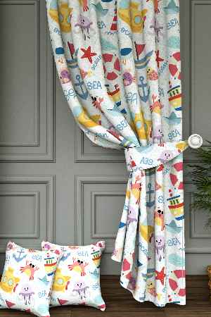 Dökümlü Kumaştan Çocuk Odası - Geniş En Denizci Desen Fon Perde 1. Kalite