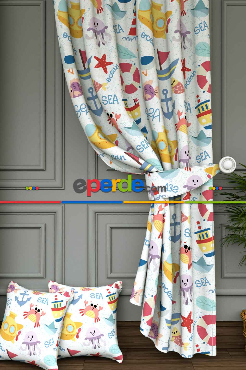 Dökümlü Kumaştan Çocuk Odası - Geniş En Denizci Desen Fon Perde 1. Kalite