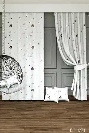 Dökümlü Kumaştan Çocuk Odası - Renkli Kalpler Desenli Baskılı Fon Perde