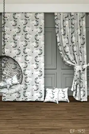 Sevimli Kedi Desenli Baskılı Fon Perde - 1. Kalite Yumuşak Dökümlü Kumaş