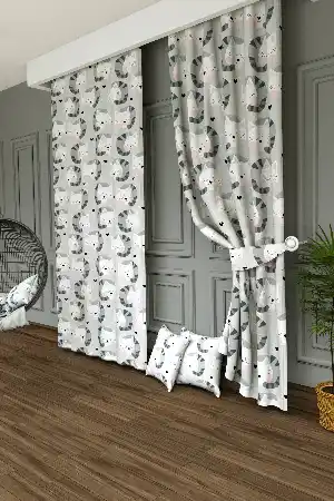 Sevimli Kedi Desenli Baskılı Fon Perde - 1. Kalite Yumuşak Dökümlü Kumaş