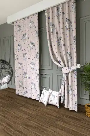 Dökümlü Kumaştan Unicorn Yıldız Ve Kalp Desenli Baskılı Fon Perde - 1. Kalite Yumuşak Dökümlü Kumaş