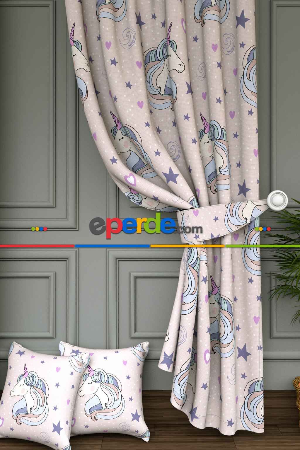Dökümlü Kumaştan Unicorn Yıldız Ve Kalp Desenli Baskılı Fon Perde - 1. Kalite Yumuşak Dökümlü Kumaş