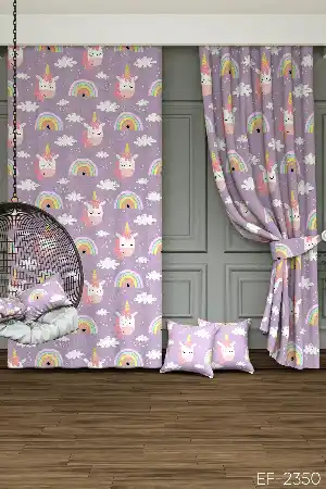 Dökümlü Kumaştan Unicorn Bulut Ve Gökkuşağı Desenli Baskılı Fon Perde - 1. Kalite Yumuşak Dökümlü Kumaş