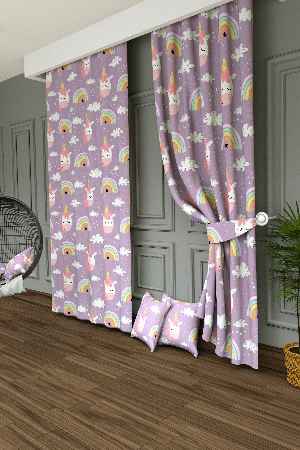 Dökümlü Kumaştan Unicorn Bulut Ve Gökkuşağı Desenli Baskılı Fon Perde - 1. Kalite Yumuşak Dökümlü Kumaş