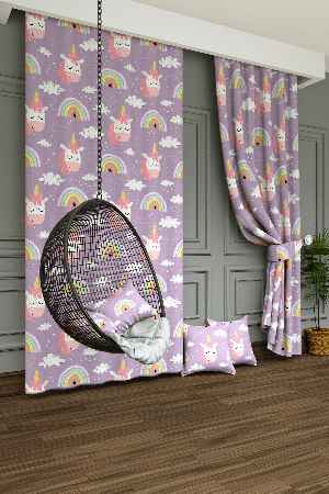 Dökümlü Kumaştan Unicorn Bulut Ve Gökkuşağı Desenli Baskılı Fon Perde - 1. Kalite Yumuşak Dökümlü Kumaş