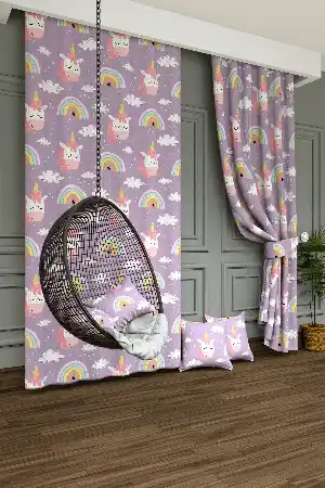 Dökümlü Kumaştan Unicorn Bulut Ve Gökkuşağı Desenli Baskılı Fon Perde - 1. Kalite Yumuşak Dökümlü Kumaş