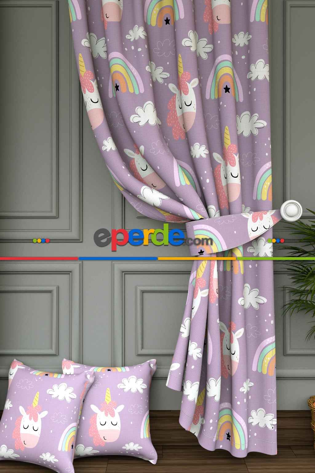 Dökümlü Kumaştan Unicorn Bulut Ve Gökkuşağı Desenli Baskılı Fon Perde - 1. Kalite Yumuşak Dökümlü Kumaş