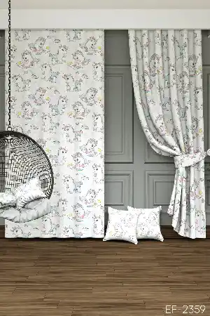 Unicorn Bulut Ve Gökkuşağı Desenli Baskılı Fon Perde - 1. Kalite Yumuşak Dökümlü Kumaş