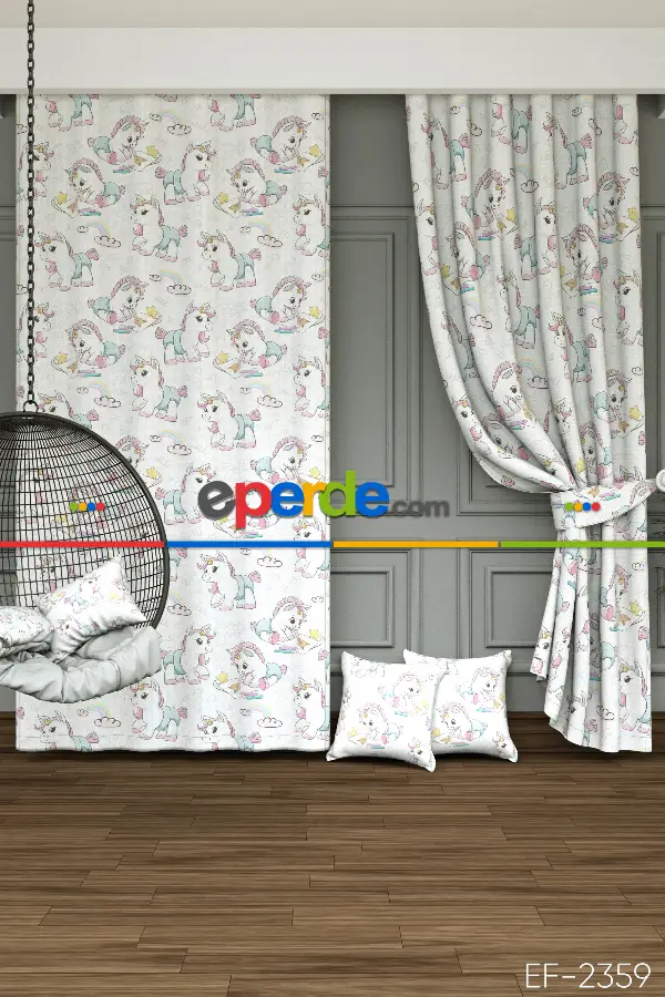 Unicorn Bulut Ve Gökkuşağı Desenli Baskılı Fon Perde - 1. Kalite Yumuşak Dökümlü Kumaş