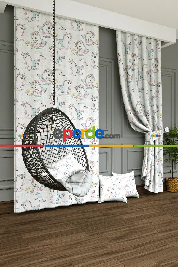 Unicorn Bulut Ve Gökkuşağı Desenli Baskılı Fon Perde - 1. Kalite Yumuşak Dökümlü Kumaş