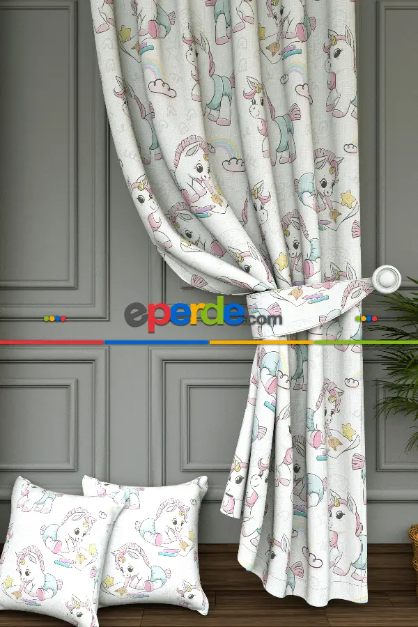 Unicorn Bulut Ve Gökkuşağı Desenli Baskılı Fon Perde - 1. Kalite Yumuşak Dökümlü Kumaş