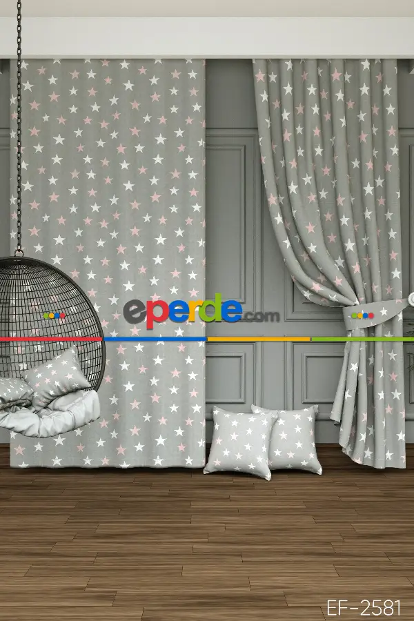 Dökümlü Kumaştan Yıldız Desenli Baskılı Fon Perde - 1. Kalite Yumuşak Dökümlü Kumaş