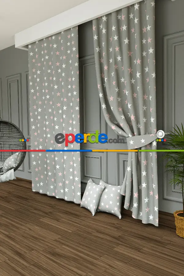 Dökümlü Kumaştan Yıldız Desenli Baskılı Fon Perde - 1. Kalite Yumuşak Dökümlü Kumaş