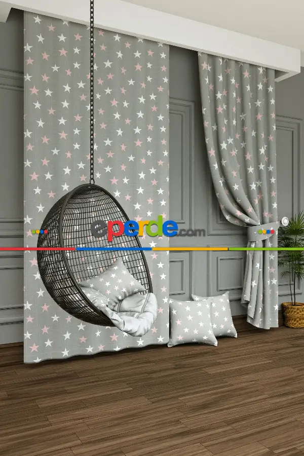 Dökümlü Kumaştan Yıldız Desenli Baskılı Fon Perde - 1. Kalite Yumuşak Dökümlü Kumaş