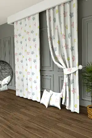 Suluboya Yıldız Desenli Baskılı Fon Perde - 1. Kalite Yumuşak Dökümlü Kumaş