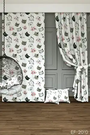 Sevimli Kedi Desenli Baskılı Fon Perde - 1. Kalite Yumuşak Dökümlü Kumaş