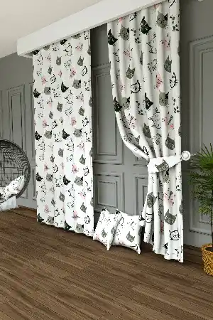 Sevimli Kedi Desenli Baskılı Fon Perde - 1. Kalite Yumuşak Dökümlü Kumaş