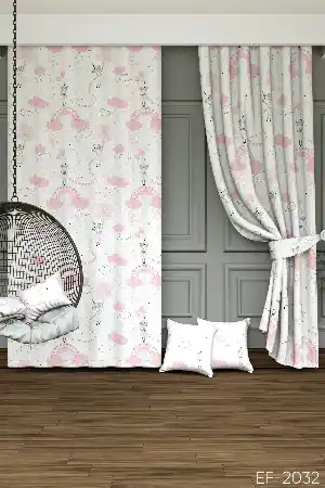 Perili Gökkuşağı Ve Bulut Desenli Baskılı Fon Perde - 1. Kalite Yumuşak Dökümlü Kumaş