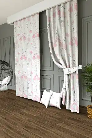 Perili Gökkuşağı Ve Bulut Desenli Baskılı Fon Perde - 1. Kalite Yumuşak Dökümlü Kumaş