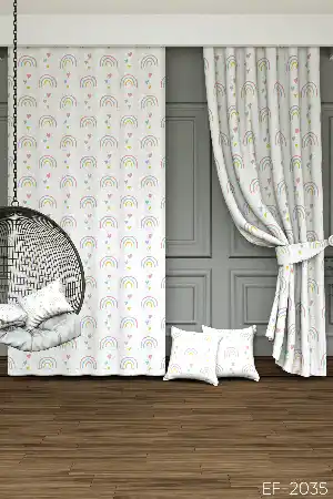 Dökümlü Kumaştan Çocuk Odası - Gökkuşağı Ve Kalp Desenli Baskılı Fon Perde - 1. Kalite Yumuşak Dökümlü Kumaş