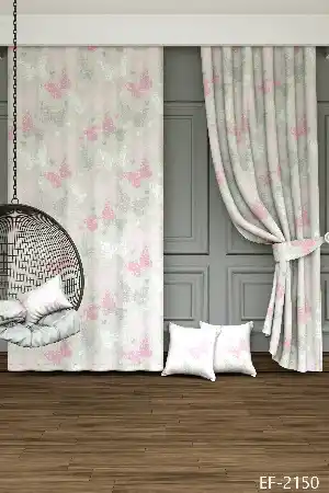 Dökümlü Kumaştan Kelebek Desenli Baskılı Fon Perde - 1. Kalite Yumuşak Dökümlü Kumaş - Pembe Gri