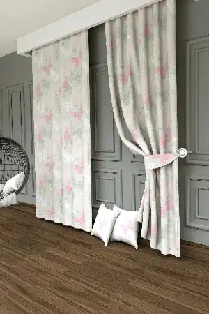 Dökümlü Kumaştan Kelebek Desenli Baskılı Fon Perde - 1. Kalite Yumuşak Dökümlü Kumaş - Pembe Gri