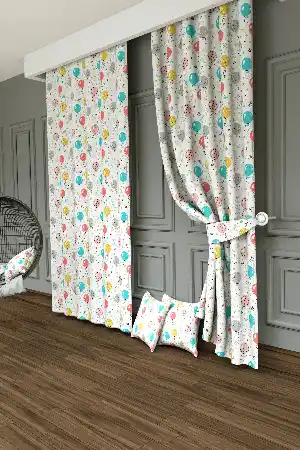 Dökümlü Kumaştan Balon Desenli Baskılı Fon Perde - 1. Kalite Yumuşak Dökümlü Kumaş