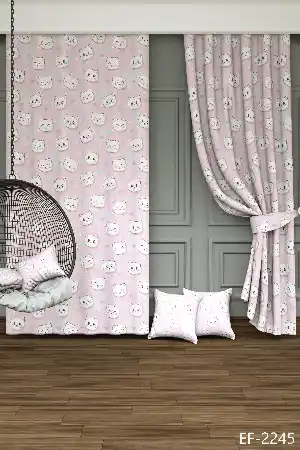 Dökümlü Kumaştan Sevimli Kedi Desenli Baskılı Fon Perde - 1. Kalite Yumuşak Dökümlü Kumaş