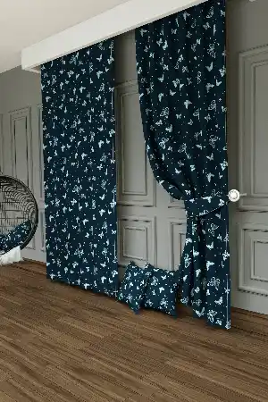 Dökümlü Kumaştan Çocuk Odası - Kelebek Desenli Baskılı Fon Perde - 1. Kalite Yumuşak Dökümlü Kumaş