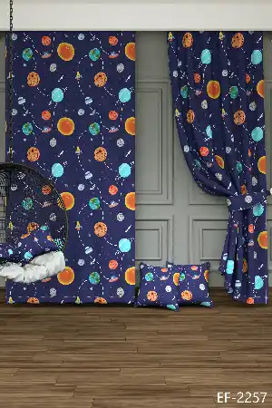 Dökümlü Kumaştan Çocuk Odası - Unisex Gezegenler Desenli Baskılı Fon Perde - 1. Kalite Yumuşak Dökümlü Kumaş