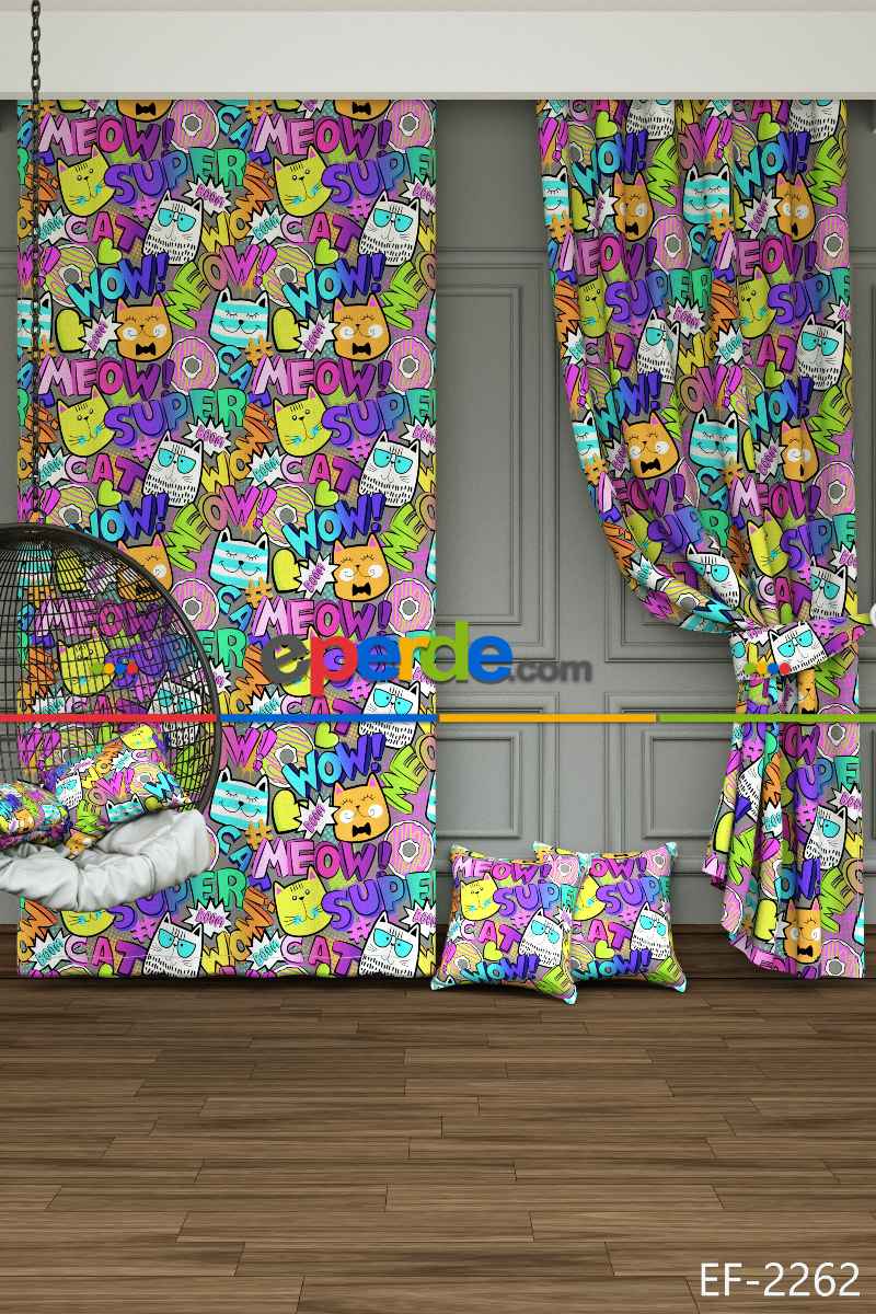 Kız Çocuk Odası Fon Perde - Pop Art Kedi Desenli Baskılı Fon Perde
