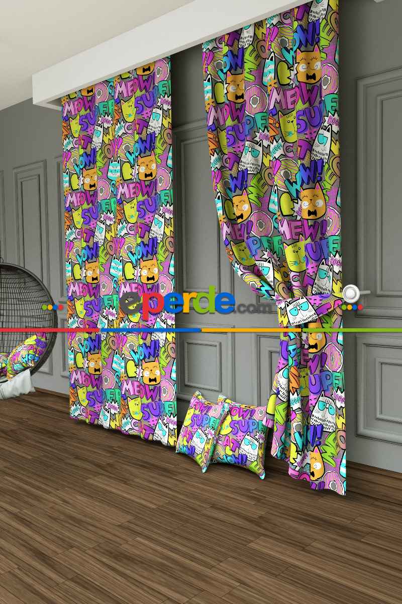Kız Çocuk Odası Fon Perde - Pop Art Kedi Desenli Baskılı Fon Perde