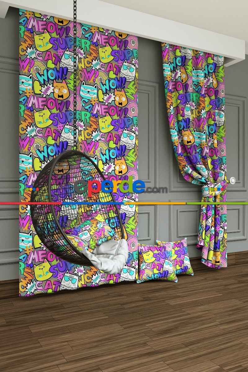 Kız Çocuk Odası Fon Perde - Pop Art Kedi Desenli Baskılı Fon Perde