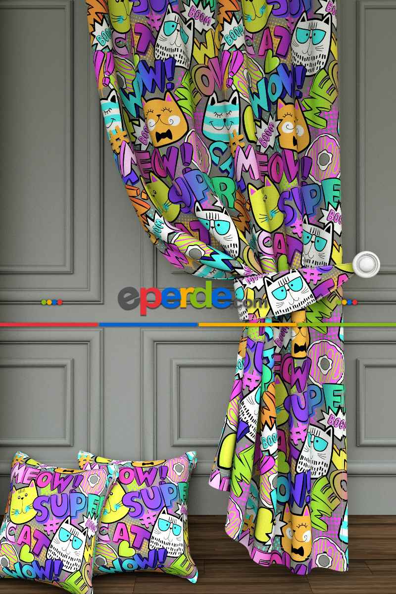 Kız Çocuk Odası Fon Perde - Pop Art Kedi Desenli Baskılı Fon Perde