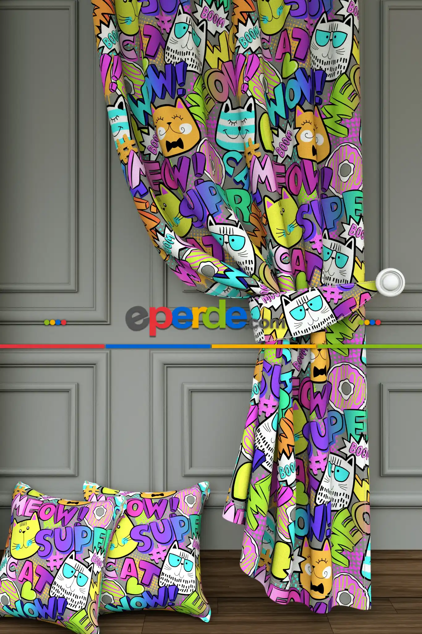 Dökümlü Kumaştan Pop Art Kedi Desenli Baskılı Fon Perde - 1. Kalite Yumuşak Dökümlü Kumaş