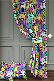 Dökümlü Kumaştan Pop Art Kedi Desenli Baskılı Fon Perde - 1. Kalite Yumuşak Dökümlü Kumaş