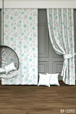 Dökümlü Kumaştan Tavşan Ve Yıldız Desenli Baskılı Fon Perde - 1. Kalite Yumuşak Dökümlü Kumaş - Su Yeşili